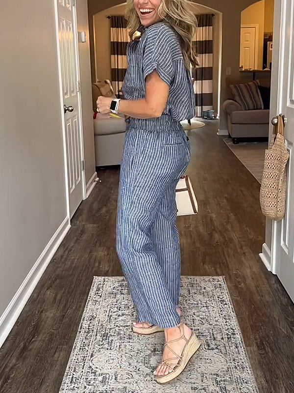 ⏰ LAST DAY SAVE 50% 💥Cotton Linen Striped Classic Pocket Shirt Set