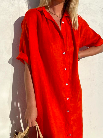 Women Elegant Casual Loose Half Sleeve Button Down Front Half Sleeve Cotton Linen Dress
