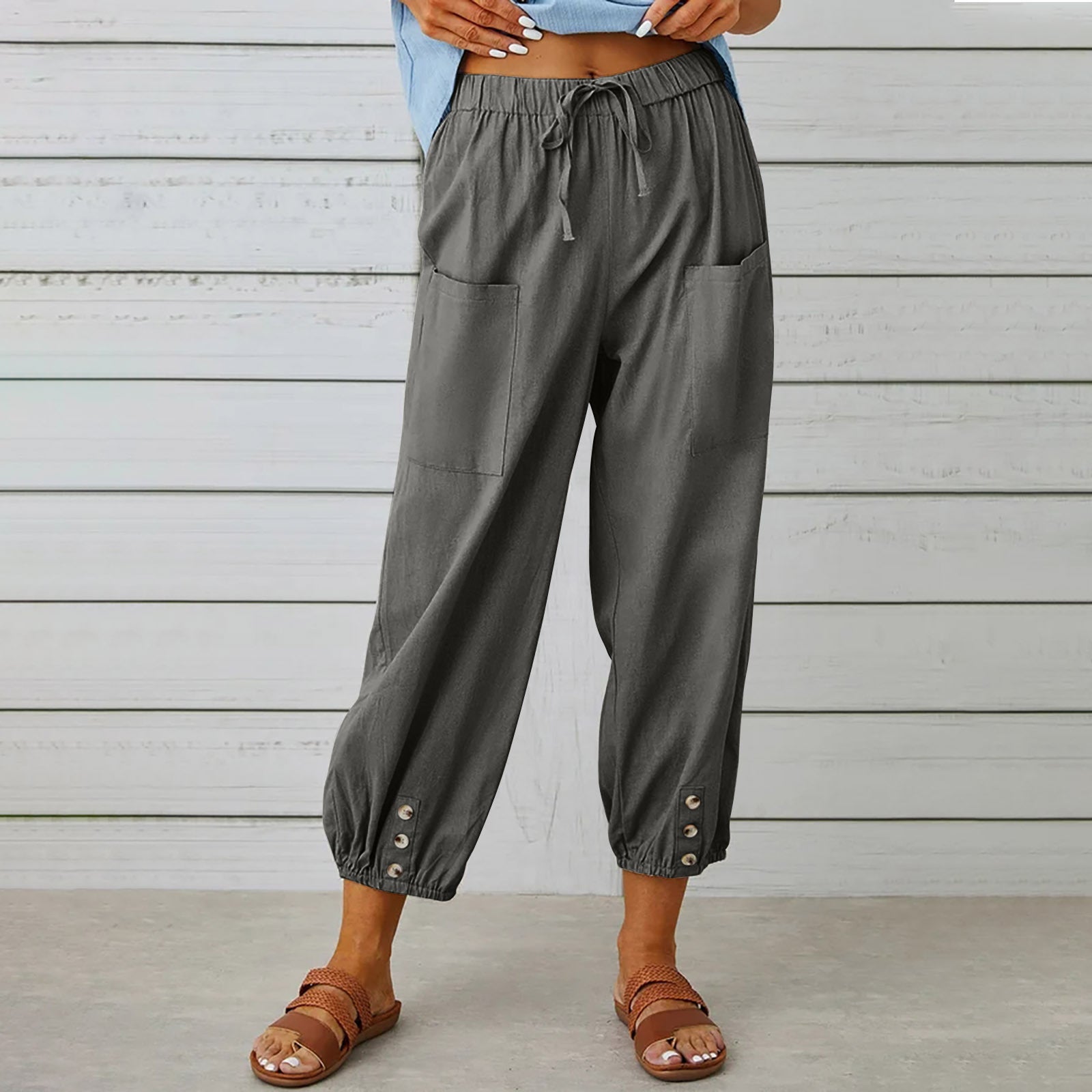 Women's pants High-waisted buttoned cotton hemp pants nine-point pants wide-legged