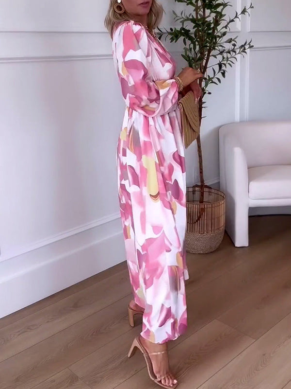 NEW🔥 Long Sleeve Printed Elastic Waist Dress