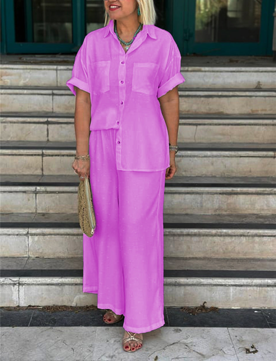 NEW🔥Women's Cream Embossed Pattern Shirt Wide Leg Suit