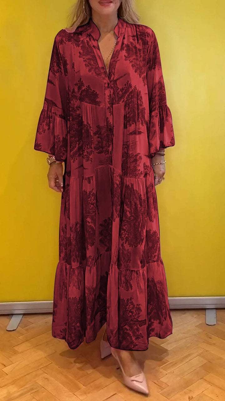 Women's summer dress with V-neck and forest pattern Maxi dress