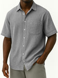 Men's Comfortable Crepe Loose Casual Vacation Short Sleeve Shirt with Chest Pocket
