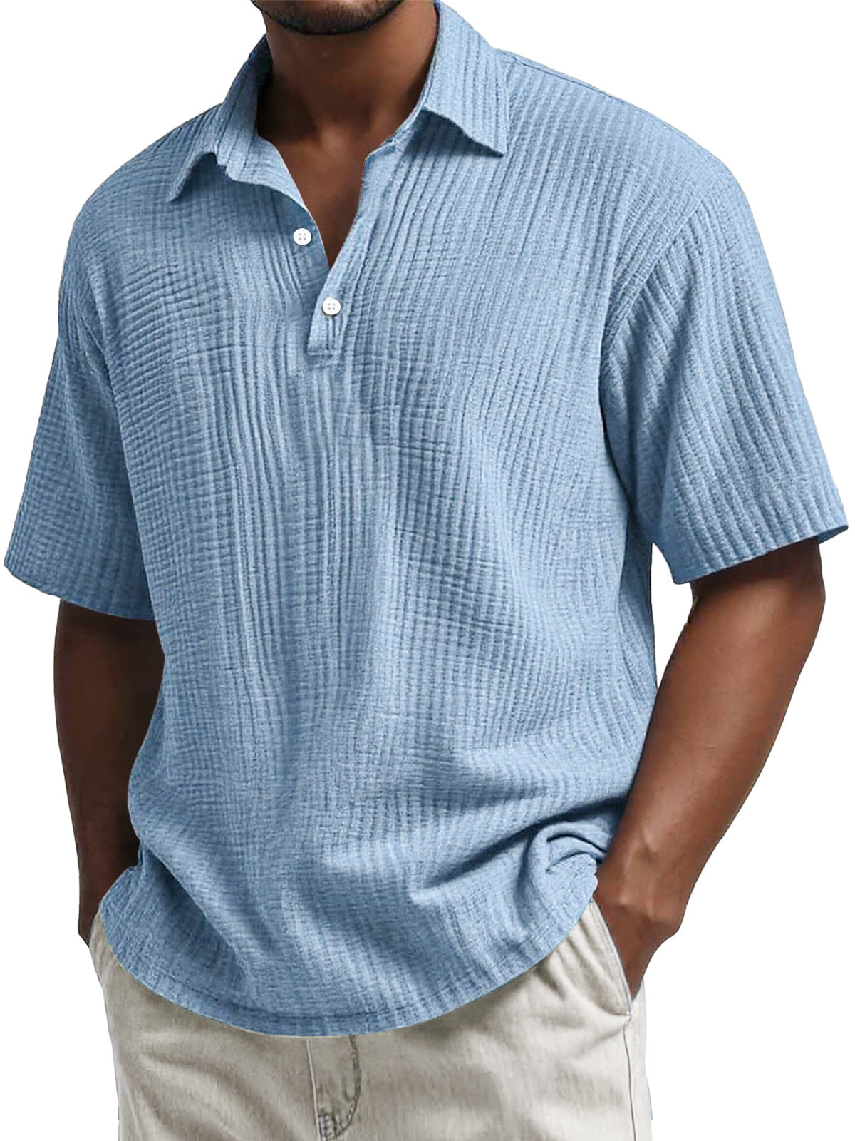 Men's Daily Pleated Texture Lapel Button Casual Short Sleeve POLO Shirt