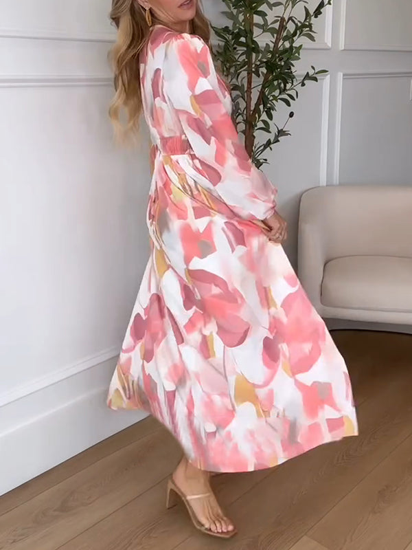 NEW🔥 Long Sleeve Printed Elastic Waist Dress