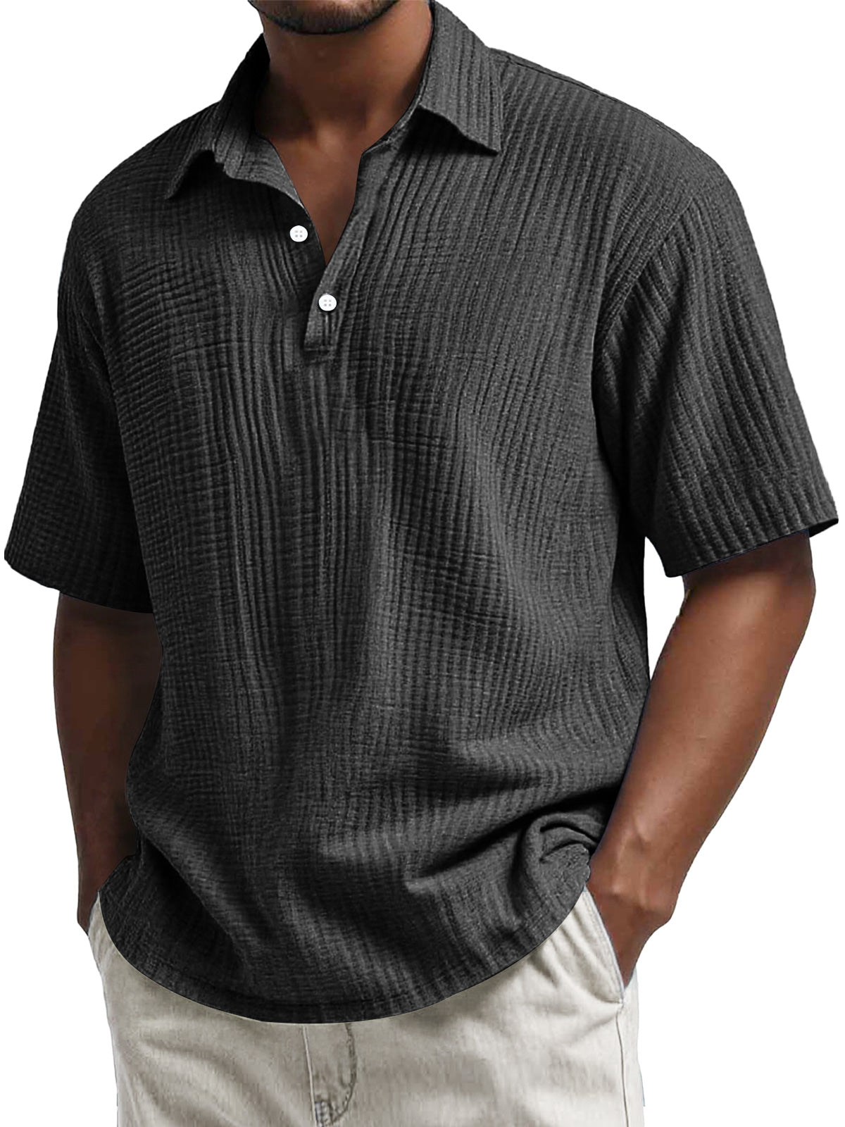 Men's Daily Pleated Texture Lapel Button Casual Short Sleeve POLO Shirt