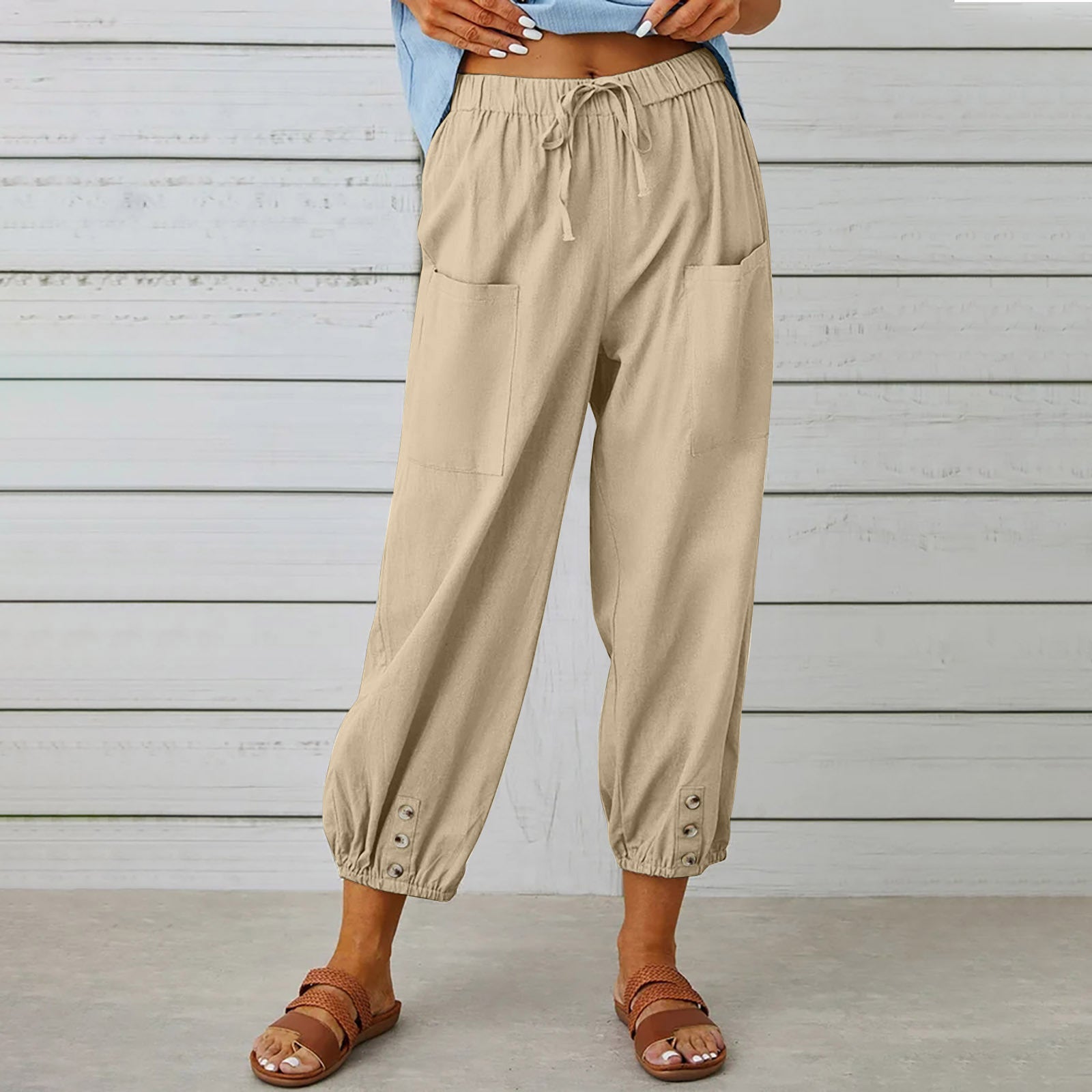 Women's pants High-waisted buttoned cotton hemp pants nine-point pants wide-legged