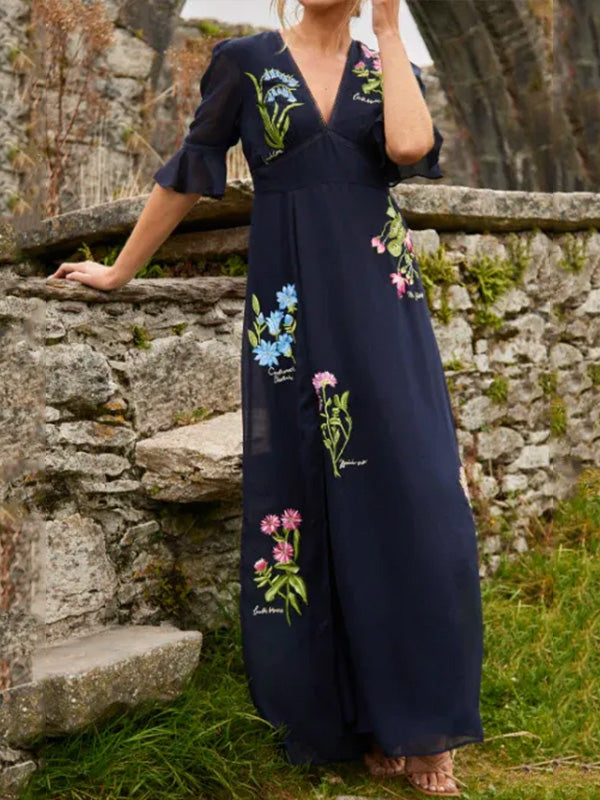 NEW🔥 V Neck Floral Embroidered Ruffle Dress- Tax Free