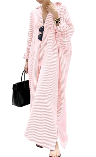Women's Casual Long Sleeve Button Down Loose Striped Cotton Maxi Shirt Dress