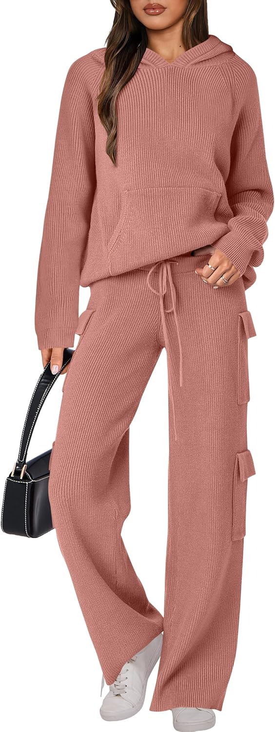 🎄Christmas Clearance 🔥 Women’s Two Piece Outfits Casual Knit Hooded Sweater Straight Leg Pants Set