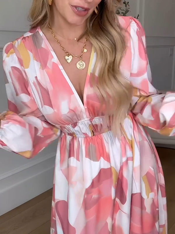 NEW🔥 Long Sleeve Printed Elastic Waist Dress