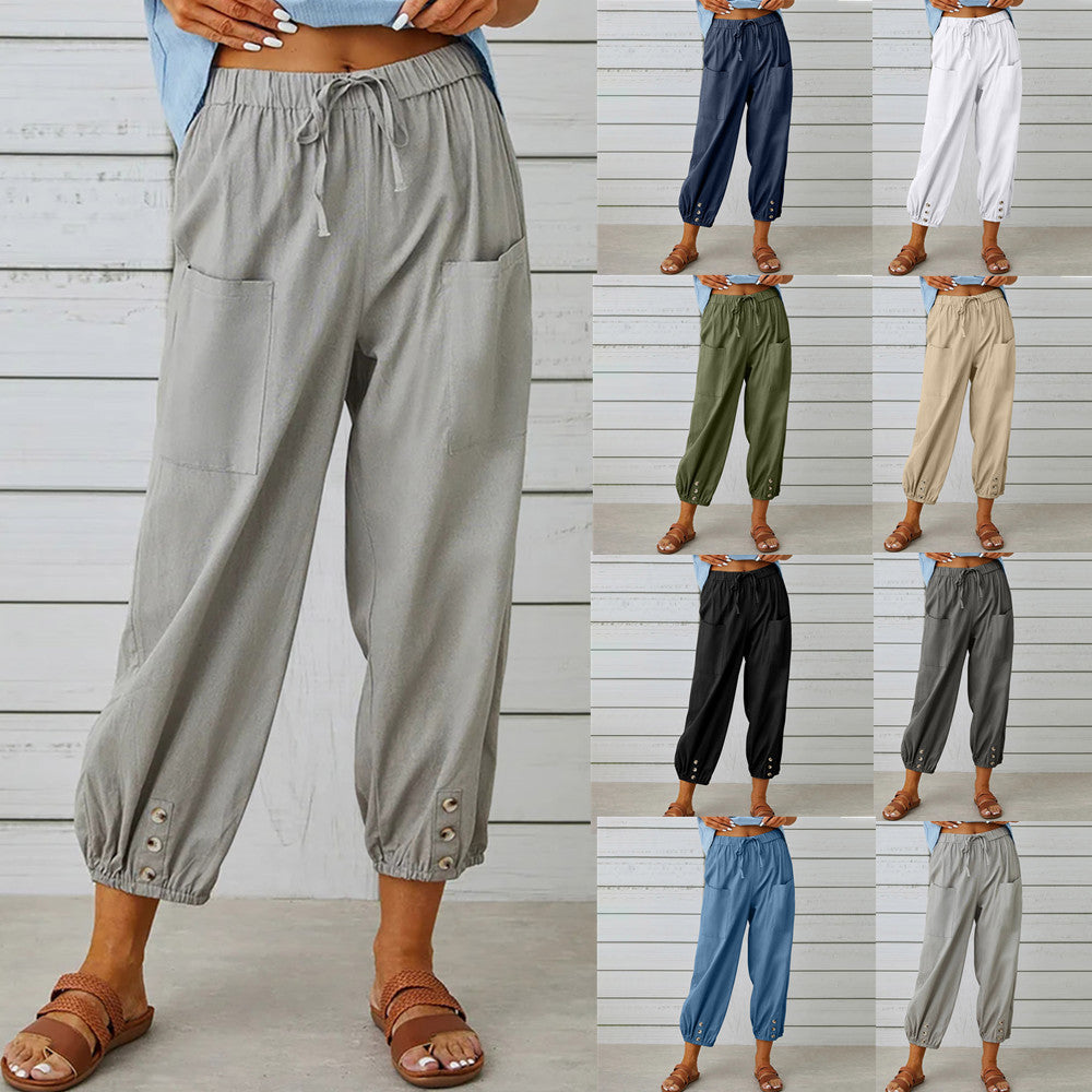 Women's pants High-waisted buttoned cotton hemp pants nine-point pants wide-legged