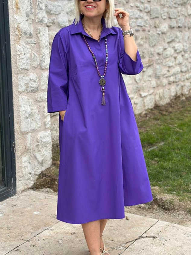 Casual Plain Shirt Collar Maxi Dress