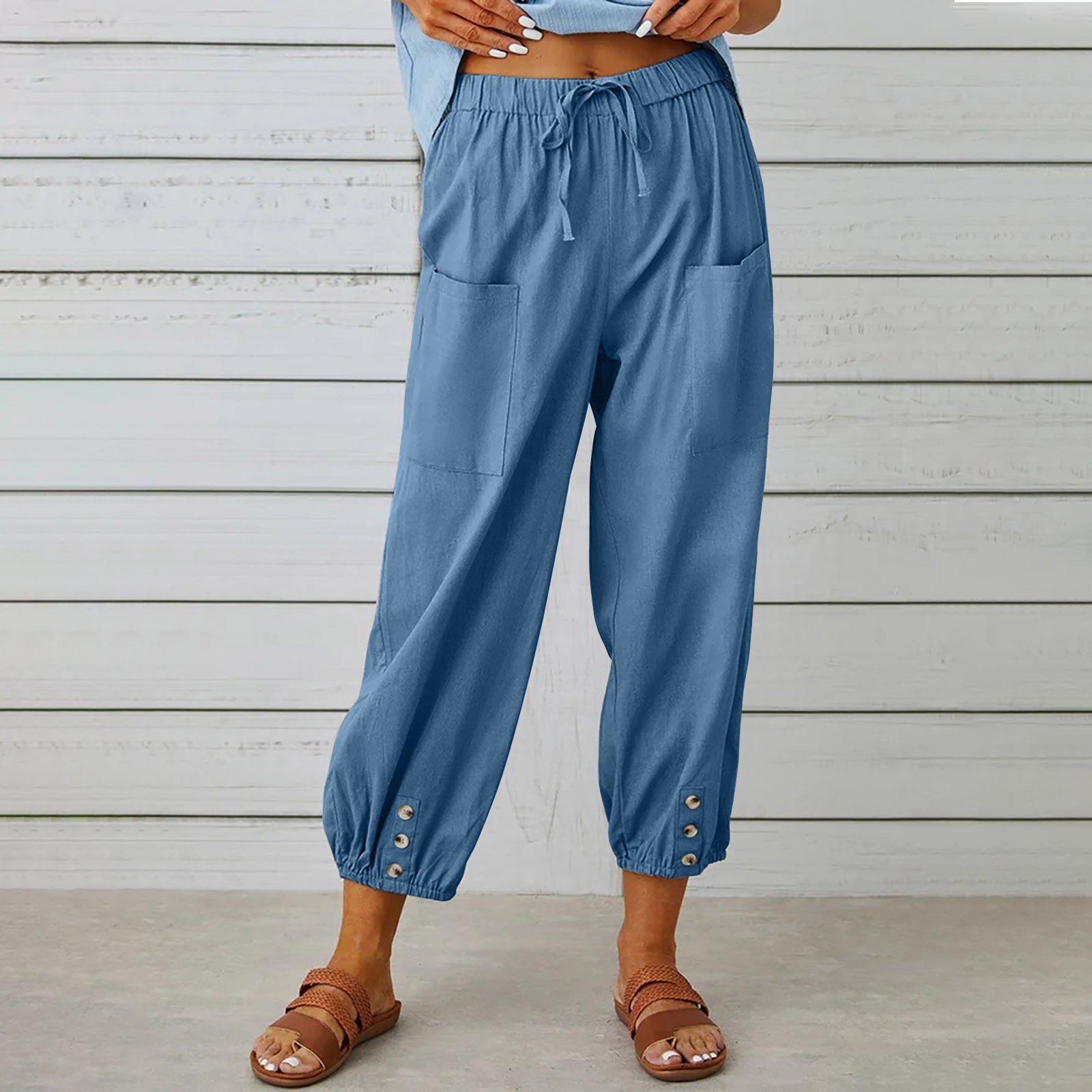 Women's pants High-waisted buttoned cotton hemp pants nine-point pants wide-legged