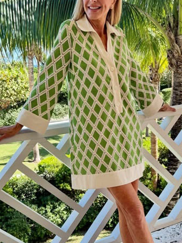 NEW🔥 Diamond Plaid Lace Cutout V Neck Shirt Dress