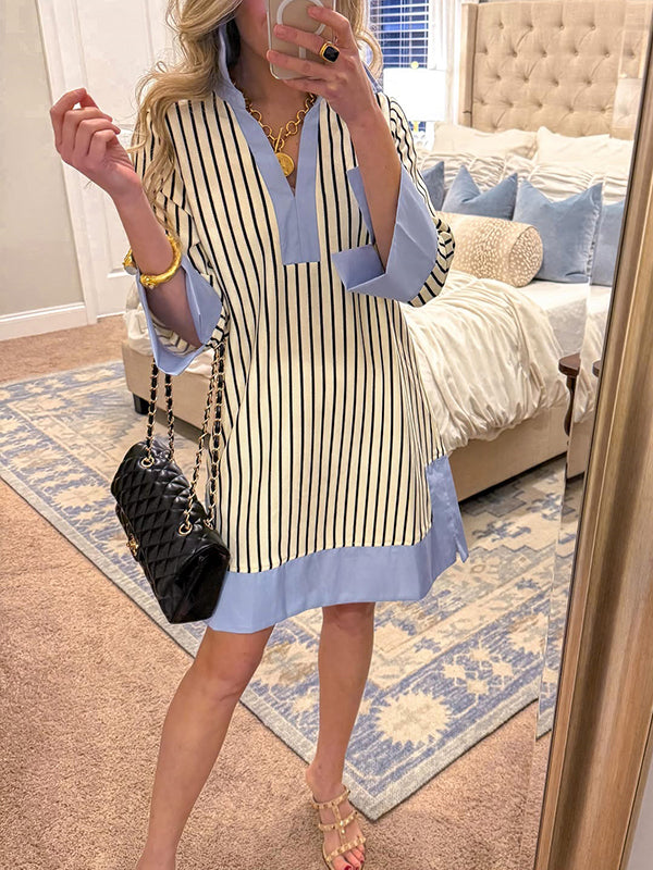 CLEARANCE🔥 Striped Split V Neck Collared Shirt Dress