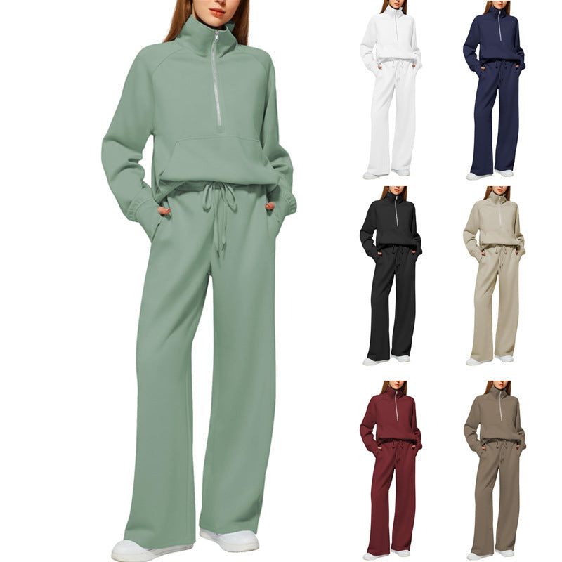 CLEARANCE SALE🔥 Women's Solid Color Cotton Half Zip Two-Piece Set